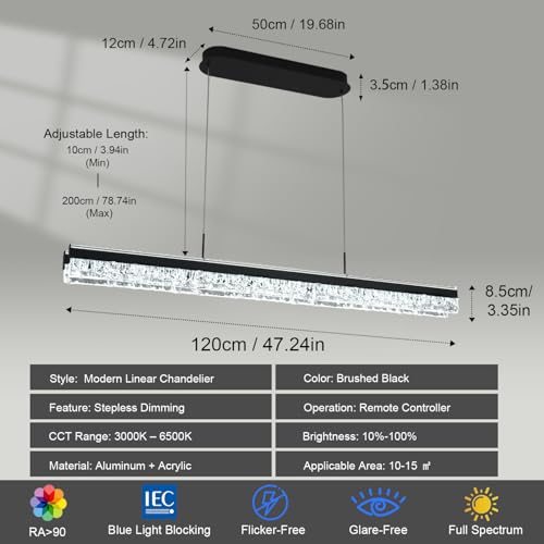Black Modern Chandelier for Dining Room 47in Led Linear Pendant Lights Kitchen Island Lighting Minimalist Dimmable Ceiling Hanging Pendant Chandelier Light Fixture with Remote