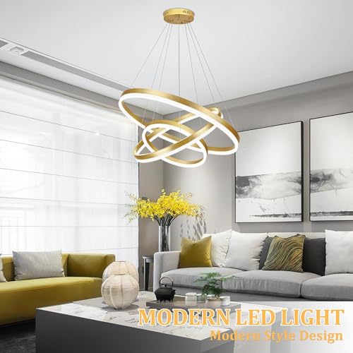 31.5" 3 Ring Modern Led Pendant Light Gold Modern Led Chandelier Contemporary Ring Chandeliers Dimmable Chandeliers Color Temperature Adjustable Height Hanging Chandelier for Living Room