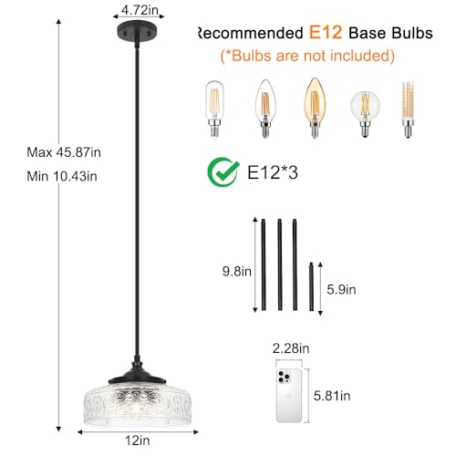 Black 3 Light Pendant Light with 12in Glass Shade