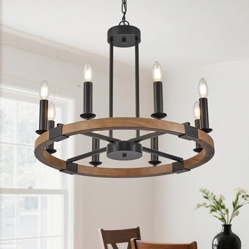 Farmhouse Oak Wood Wagon Wheel Chandelier 8 Light Round Wood Light Fixture