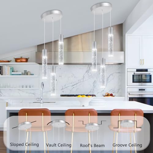 3 Lights Pendants Light for Kitchen Island Chandeliers Dining Room Pendant Lighting Fixture Bubble Crystal Ceiling Hanging Lights Bedroom Island Kitchen 6000K White Light Fixtures Chrome