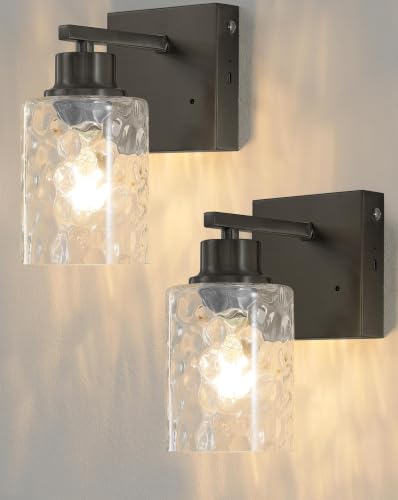 Hammered Glass Wireless Battery Operated Wall Sconces Set of Two Black (2 Count)