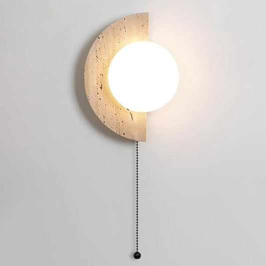 Natural Travertine Stone Wall Sconce, Half Moon LED Wall Light Fixture,Glass Globe and Pull Chain Switch Wall Lamp,Modern Minimalist Lunar Lamp for Bedroom Bedside,Living Room Accent Decor(Left)