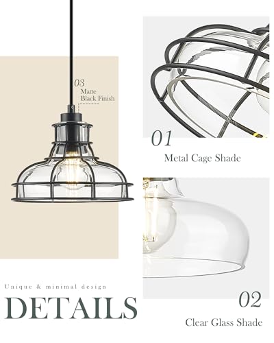 8.7" Industrial Pendant Lights with Glass Shade & Metal Cage
