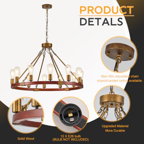 Farmhouse Wagon Wheel Chandelier 31" Rustic Gold Chandelier for Dining Room