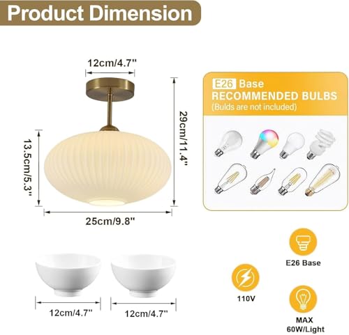Ribbed Milk Glass Flush Mount Ceiling Light Mid Century Modern Entry Light Fixture White Semi Flush Mount Lights Gold Globe Hallway Ceiling Light (2 Count)