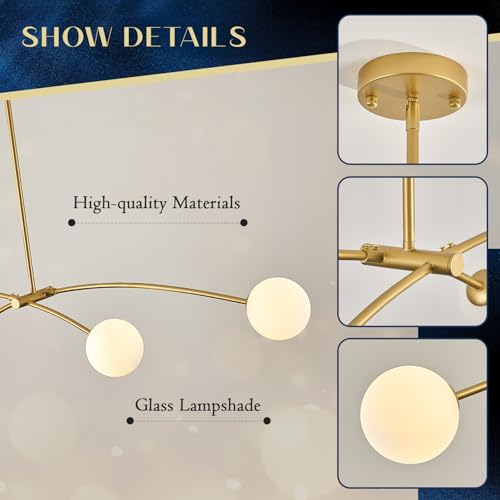 Gold Sputnik Chandelier with Milk Glass Globe 4 Lights L51 Inch