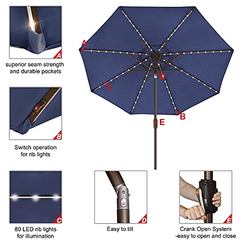 USA 10-Year-Non-Fading 9ft Market Patio Umbrella, Commercial Grade Table Sun Umbrella with 80 Solar LED Lights, Crank Open, Windproof & UPF 50+ UV Protection for Garden, Deck, Pool, Backyard, Navy Blue