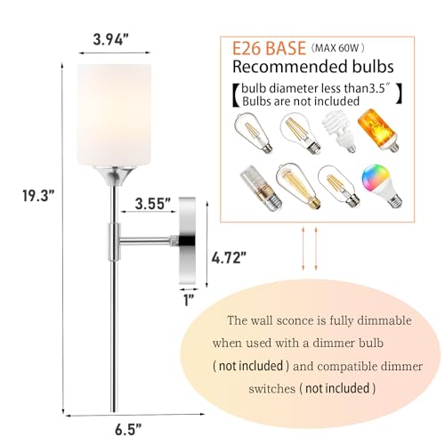 Modern Wall Sconce Set of 2 White Cylinder Glass Shades Mid Century Bathroom Vanity Wall Light Fixtures Industrial Wall Lamp for Bedroom Mirror Living Room Restaurant (2 Count)