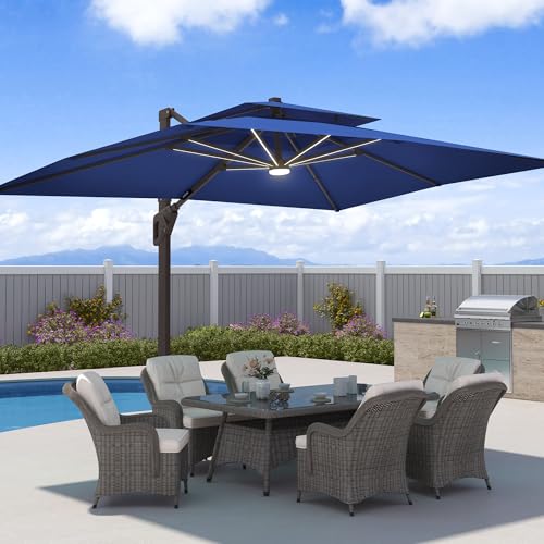 9x12 FT Patio Cantilever Outdoor Umbrella with Base and LED Lights