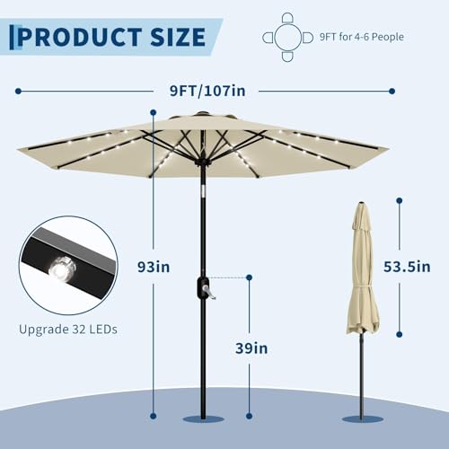 9FT Solar LED Patio Umbrella with Tilt & Crank