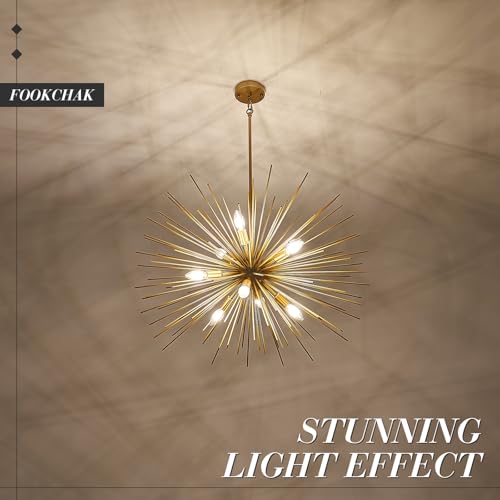 32in Gold Sputnik Chandelier Solid Metal Starburst Light Fixture 9 Light
