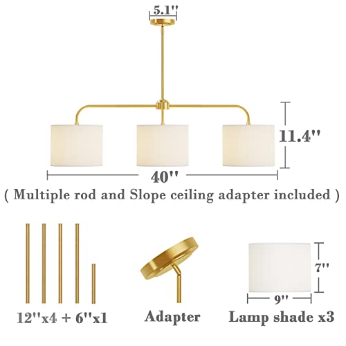 3 Light White Linen Drum Shade Chandelier with Polished Gold Metal Linear Pendant Light Fixture for Kitchen Island