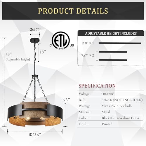 24" 6 Light Industrial Drum Chandelier with Walnut Grain Finish (6 Count)