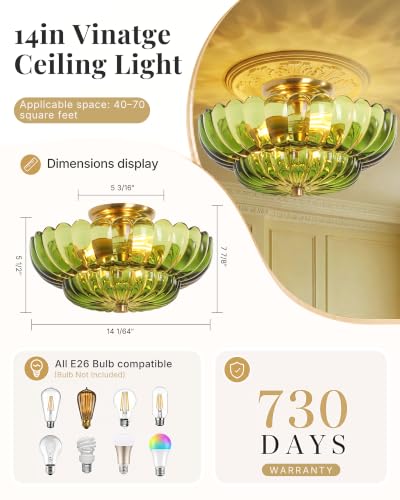 Semi Flush Mount Ceiling Light Fixture 14" Vinatge Gold Ceiling Lights Mid Century Modern Green Glass Close to Ceiling Lighting Fixtures for Bedroom Hallway Kitchen Laundry Room Bathroom