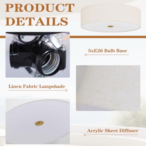 20" Modern Fabric Ceiling Light Gold Classic Drum Light Fixture 5