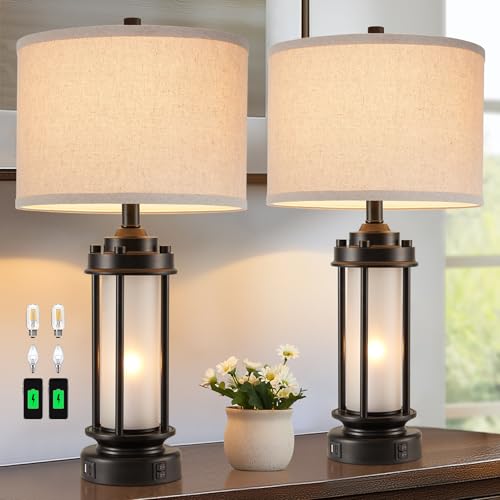 25'' Set of 2 Modern Table Lamps for Bedroom with 2 USB C+A Ports (2 Count)