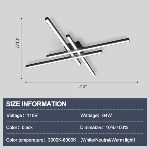 43" Black Modern LED Ceiling Light Fixtures With Remote