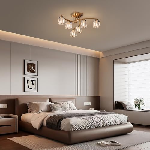 6 Light Modern Sputnik Ceiling Light Fixture Farmhouse Crystal Semi Flush Mount Ceiling Light Gold Chandeliers for Dining Room Living Room Kitchen Island Bedroom Entryway