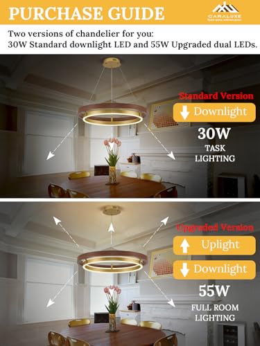 LED 2 Ring Brass Gold Chandelier Dimmable Up Down Light Gold Walnut Wood