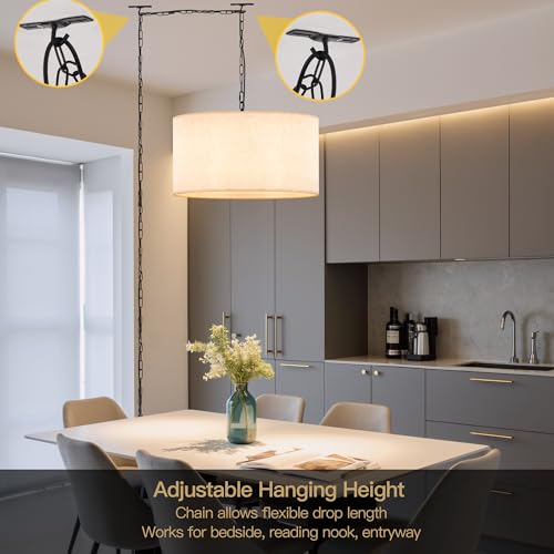 3 Light Plug in Pendant Light with Linen Drum Shade