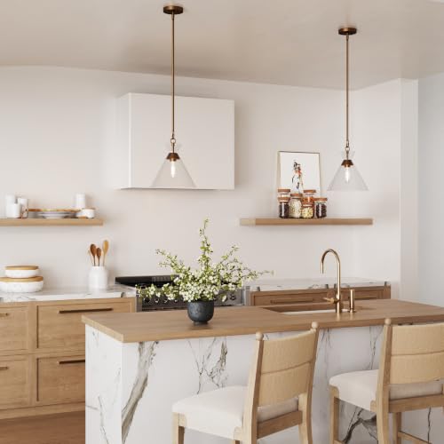 Brighton Vintage Brass Pendant Light with Adjustable Clear Cone Glass Shade for Kitchen Island