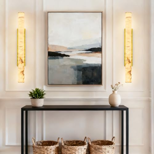Natural Alabaster Wall Sconces Set of Two Spanish Marble Wall Light Cylinder Modern Gold LED Sconce for Living Room Bedroom Bathroo Stairs（L (2 Count)