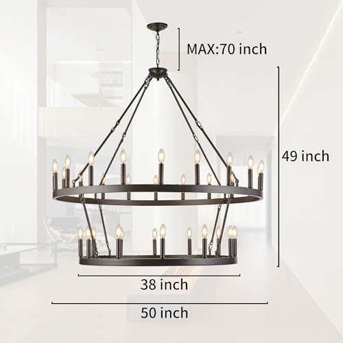 Rustic Farmhouse Wagon Wheel Chandelier Oil Rubbed Bronze Large Chandeliers for High Ceilings Kitchen Table Lighting 2 Tier 32 Lights 50 Inch for Dining Room Kitchen Island