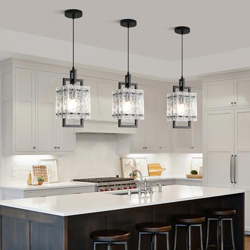 Modern Pendant Lights Kitchen Island 2 Pack Matte Black Pendant Lights Water Ripple Glass Square Pendant Lighting Over Island Hanging Pendant Light Fixtures for Kitchen Dining Room Hallway Foyer (2 Count)