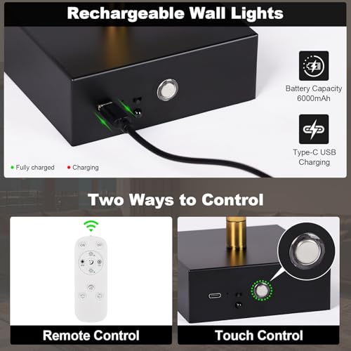 Wall Sconces Set of Two with Remote Control 29.1 in Dimmable Black Gold Battery Operated Wall Lights 350° Ratation 3000K (2 Count)