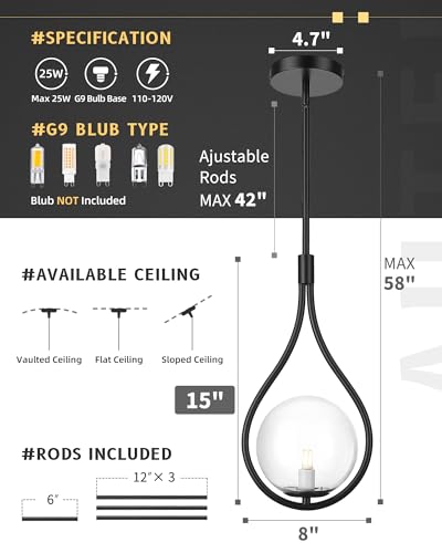 1 Light Black Pendant Lights Kitchen Island with Clear Globe Glass