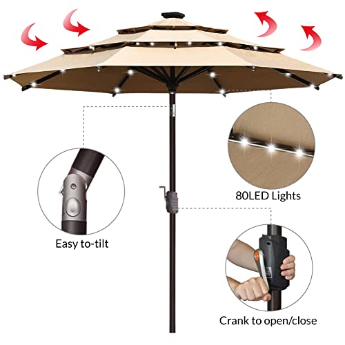 USA 10-Year-Non-Fading 9ft 3-Tier Market Patio Umbrella, Commercial Table Umbrella with 80 Solar LED Lights, Crank Open, Windproof & UPF 50+ UV Protection for Garden, Deck, Pool, Backyard, Heather Beige