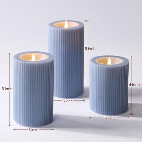 Dusty Blue Ribbed Moving Flame LED Pillar Candles with Remote (Dusty Blue)