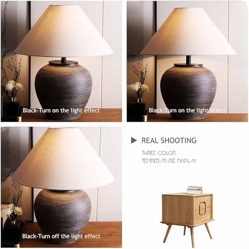 19.6'' Farmhouse Round Ceramic Table Lamp Rustic Retro Desk Lamp Brown Check Body with Off