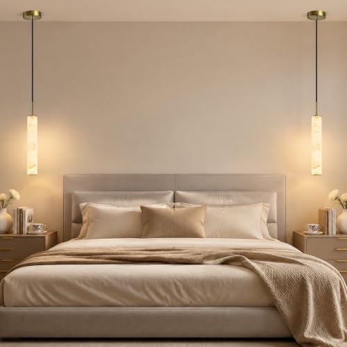 Gold Natural Alabaster Long Tube Kitchen Island Pendant Lights (2 Count)