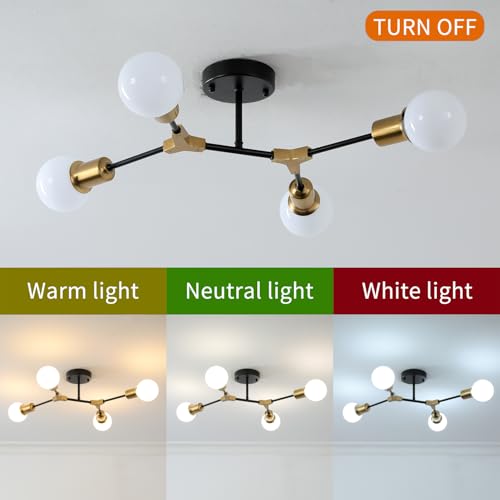 Modern Gold and Black Sputnik Semi Flush Mount Ceiling Light Fixture