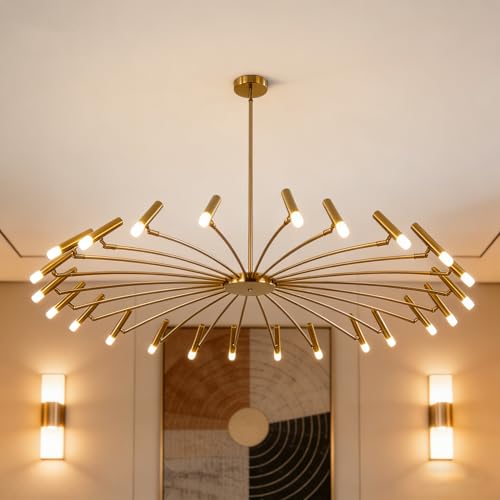 Extra Large Mid Century Modern Sputnik Chandelier Retro Sputnik Ceiling Light Fixture Brushed Brass Gold Chandeliers for Dining Room Living Room Bedroom