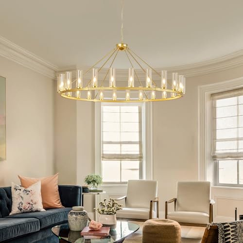 24 Light Large Wagon Wheel Chandelier with Clear Glass Shade Gold Round Pendant Light Farmhouse Industrial Chandeliers Dining Room Light Fixture for Stair Living Room Foyer Kitchen