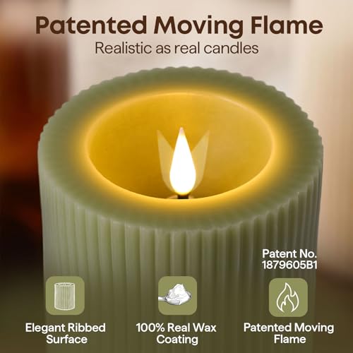 Olive Green Ribbed Moving Flame LED Pillar Candles with Remote (Olive Green)