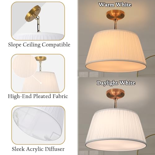 15”Dia White Pleated Fabric Drum Shade Ceiling Light Fixture