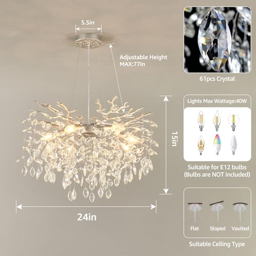 24 Inch Modern Tree Branch Chandelier Silver Crystal Pendant Lighting