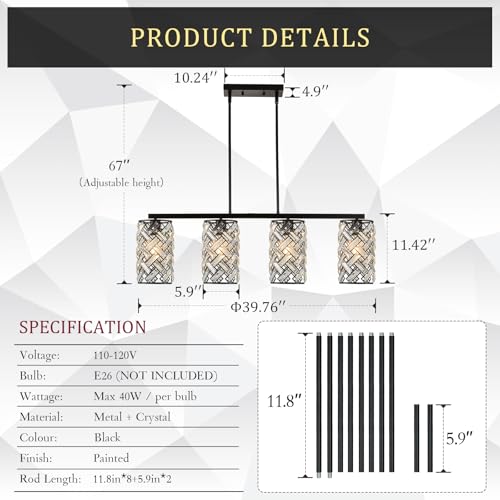 40" Black Crystal Linear Chandelier