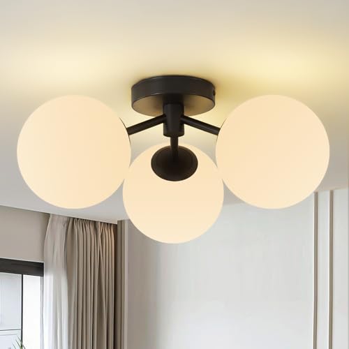 Black Globe Semi Flush Mount Ceiling Light Mid Century Modern Milk Glass