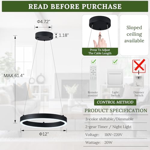 12in LED Ring Chandelier Black Modern Dimmable Pendant Light