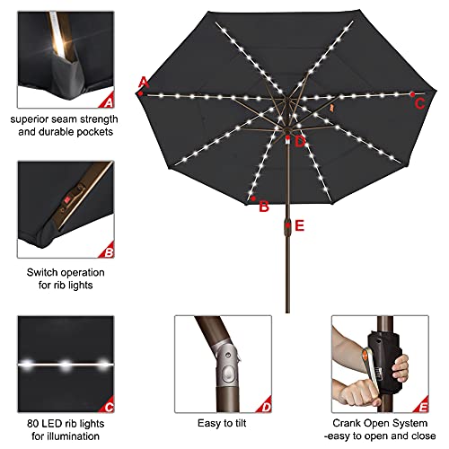 USA 10-Year-Non-Fading 9ft 3-Tier Market Patio Umbrella, Commercial Table Umbrella with 80 Solar LED Lights, Crank Open, Windproof & UPF 50+ UV Protection for Garden, Deck, Pool, Backyard, Black