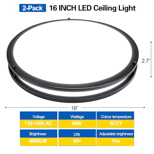 16inch LED Flush Mount Ceiling Light Fixture Dimmable Matte Black (2 Count)