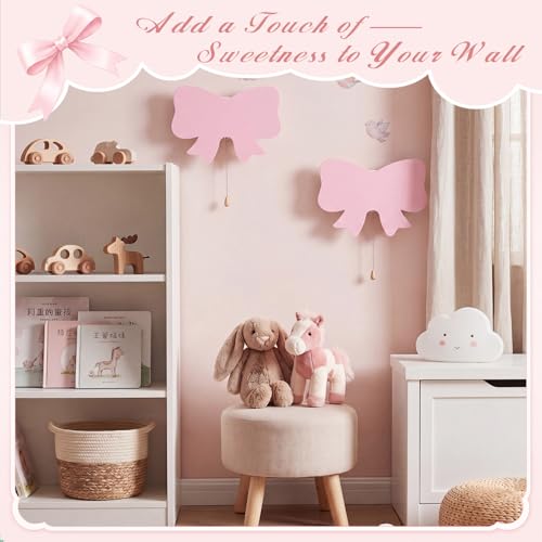 2 Pcs Pink Bow Night Light for Girls Cute Floating LED Lamp for Kids Nursery Room Decor Battery or USB Operated Night Light for Wall Bedroom Table Office Home Decorations (2 Count)
