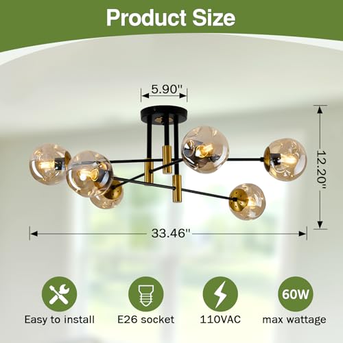 6 Lights Sputnik Ceiling Light Fixture Mid Century Modern Glass Globe Flush Mount Chandelier Black and Gold Farmhouse Lighting for Living Room Dining Room Bedroom Kitchen