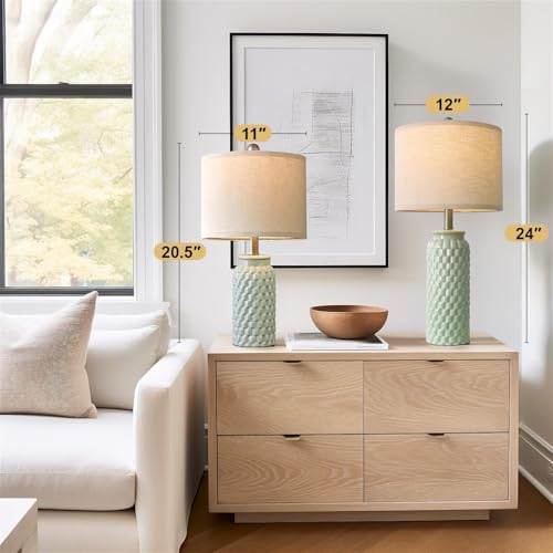 24" Modern Ceramic Green Bedside Lamp Set of 2 Table Lamp for Bedroom Decor Farmhouse Table Lamp for Living Room Office Dorm (2 Count)
