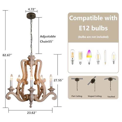 5 Light Farmhouse Distressed Wood Chandelier for Dining Room